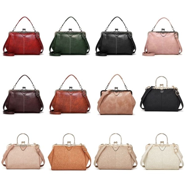036 Vintage Spänne Tote Läder Justerbar Axelväska (Spets Svart)