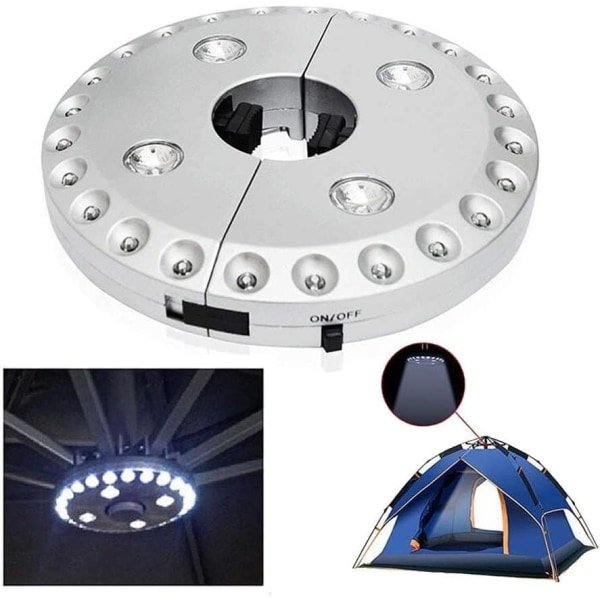 Sladdlös parasoll/uteplatslampa med 24 + 4 LED-lampor, perfekt för camping, tält och utomhusbruk - Silver