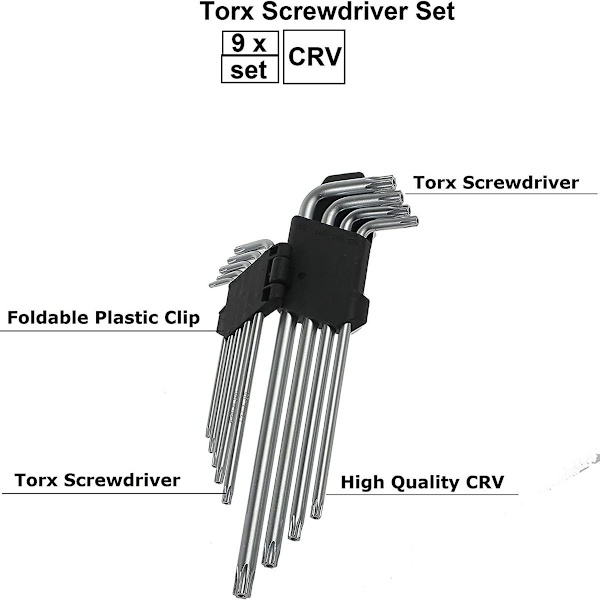 9-osainen Torx-avainsarja (metrinen/Torx), pitkä varsi CRV-kahvalla
