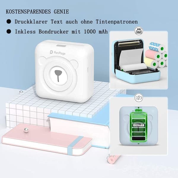 Mini fotoprinter til smartphone - trådløs BT-printer, hvid