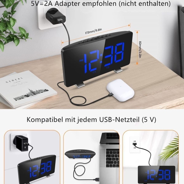 Radioväckarklocka digital väckarklocka LED-display 4 ljusstyrkenivåer justerbar