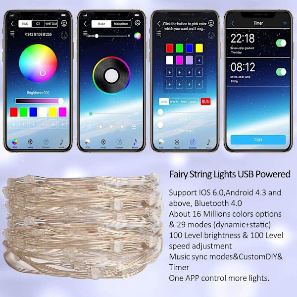 Koppartråds ljusslinga, 2M 20LED USB Bluetooth ljusslinga intelligent ljusslinga, lämplig för familjesemesterdekoration KLB
