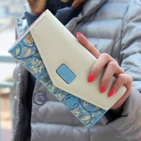 Kvinde Lang Blomster Læder Pung Clutch Taske (Blå)