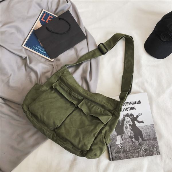 Arbetskläder crossbody axelväska herr och dam canvas väska student street väska stor kapacitet casual litterär canvas väska grön
