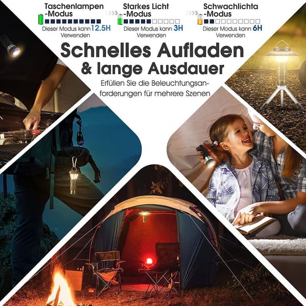 Lett LED-campinglampe, 3 moduser teltlys, supersterk