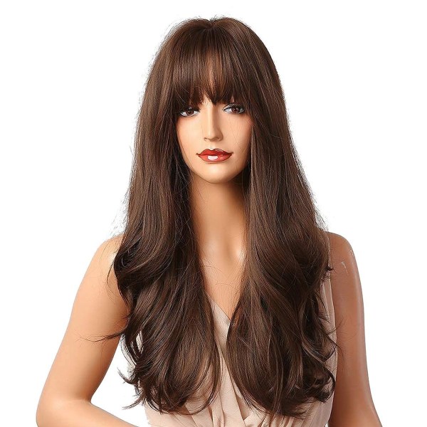 brun peruk för kvinnor lång vågig syntetperuk, brun KLB