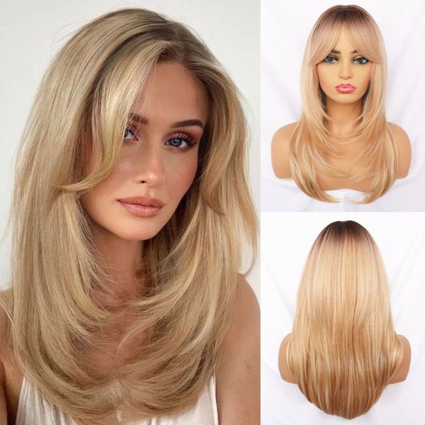 Fluffy lang blond parykk for kvinner med lang lugg