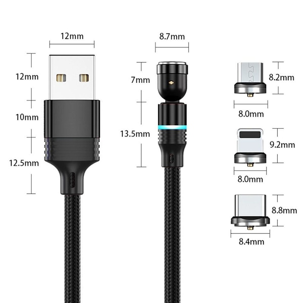 3-pack magnetiska USB-laddningskablar - robust, flätad nylon i svart