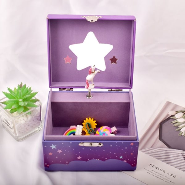 Unicorn-musikalsk smykkeskrin-lilla-ideell gave til unge jenter-fosforiserende-gløder om natten