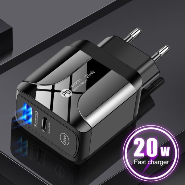 20W strømadapterlader Hurtiglader Strømforsyning USB-C Type-C QC 3.0 Hvit