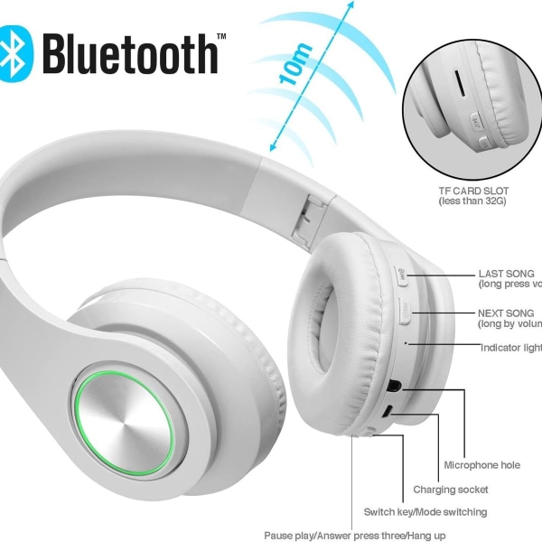 Bluetooth over-ear-hodetelefoner, stereo dyp bass, myk hvit