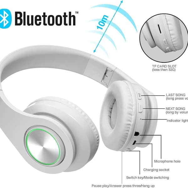 Bluetooth over-ear-hovedtelefoner, stereo dyb bas, blød hvid