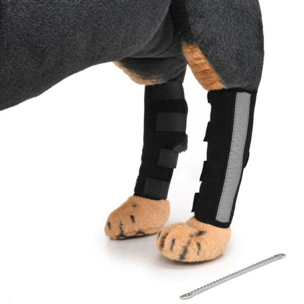 Reflekterende hundebenstøtte (sort) med sikkerhedsreflekterende strimmel til forreste og bageste hundebenstøtte. Animal Paw Compression Pack for Injuries Art
