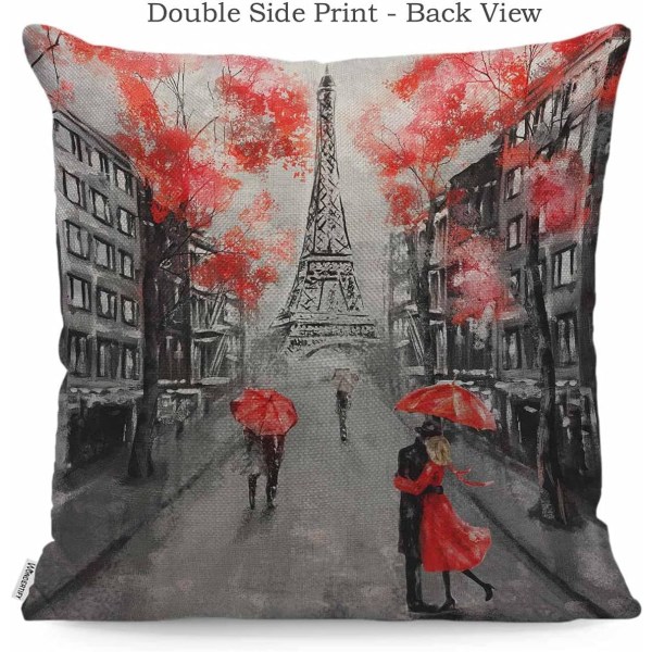 45 x 45 cm Romantisk Paris Putetrekk for Elskere - Kyss i Frankrike - Design: Eiffeltårnet - Valentinsdag - for Menn og Kvinner - Grå og Rød