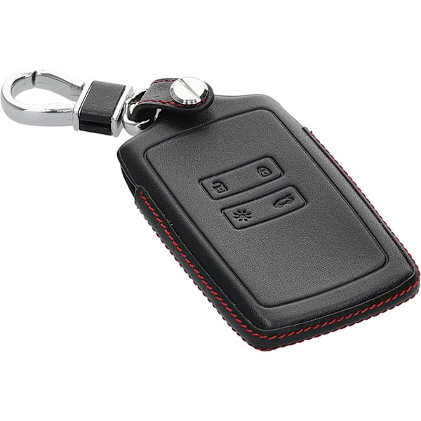 Etui kompatibel med Renault Smart Key 4-knappers (kun Keyless Go) - Svart-Rød-Ekte skinnbilnøkkeldeksel med nøkkelring
