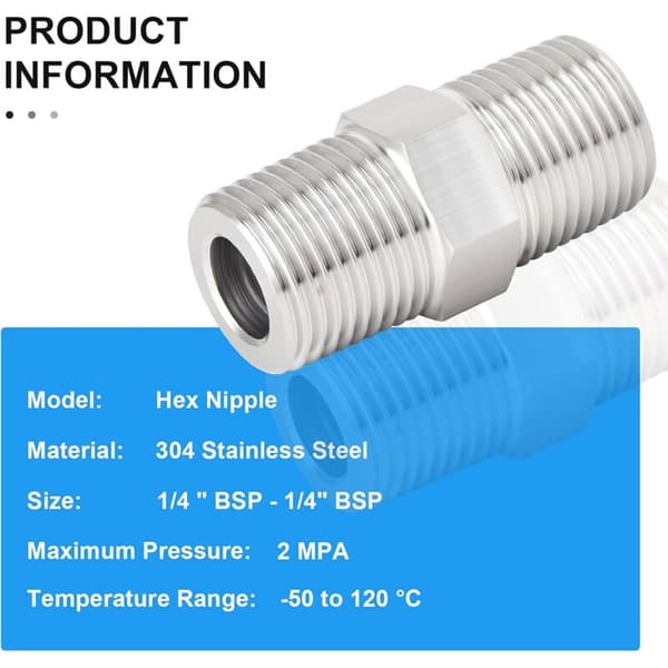 10 stk. rustfrit stål 304 sekskantnippel, 1/4\" han til 1/4\" han BSP rørfittings KLB