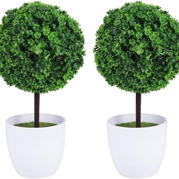 Sæt med 2 små kunstige blomsterkrukker i form af en topiary lavet af hvid KLB