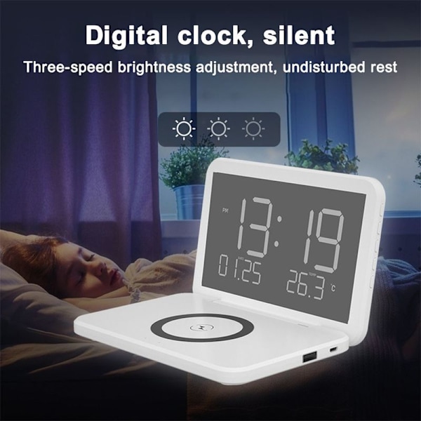 Digital klocka, trådlös laddningsalarmklocka med nattlampa, modern arktisk vit