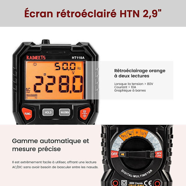 TRMS 6000 punkts automatisk digitalt multimeter (LED-tilkoblingsguide), profesjonell