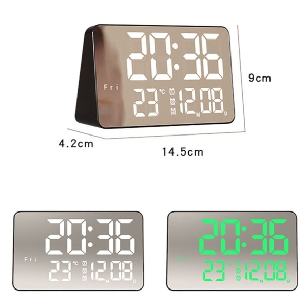 Spejl LED multifunktions temperaturvækkeur Bedside Touch digitalt ur (sort grønt