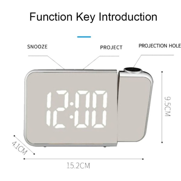 8590 LED-spegelprojektionsautomatisk halvlysande elektronisk väckarklocka (vitt skal + w