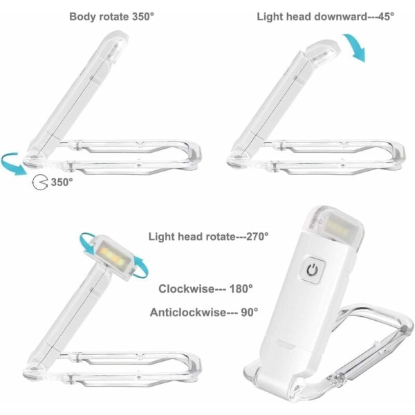 USB-leselampe, oppladbar LED-leselampe med leselampe for lesing i sengen, klips, 3 nivåer lysstyrke, justerbar, sammenleggbar miniklipslampe KLB