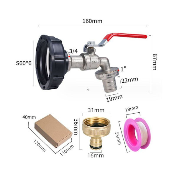 IBC Tank Adapter 3/4” Koppling, IBC Regnvattensamlare Kran, IBC Mässingskran Anslutning 1000L Tank Kran för IBC Tank Slangkoppling KLB