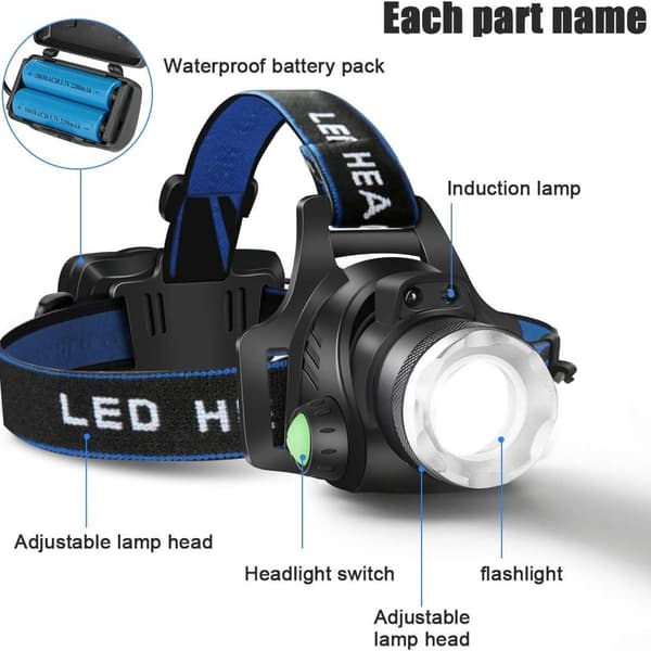 Oppladbar hodelykt, USB LED hodelykt, vanntett T6 hodelykt KLB