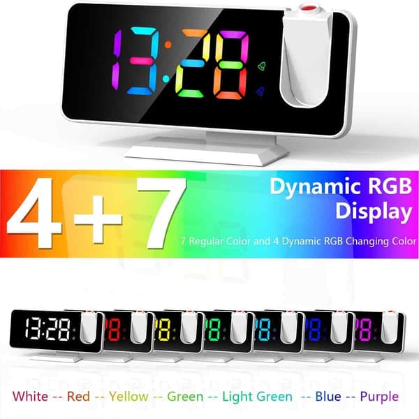 Projektionsväckarklocka för sovrum, RGB färgglad digital klocka vit
