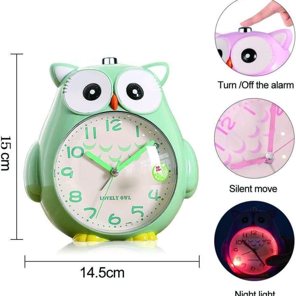 TaimeiMao children's owl alarm clock, children's alarm clock without ticking, children's clock with