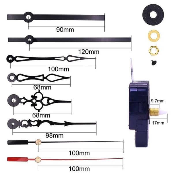 17mm axellängd väggklocka rörelse + 3 set metallvisare DIY klockset