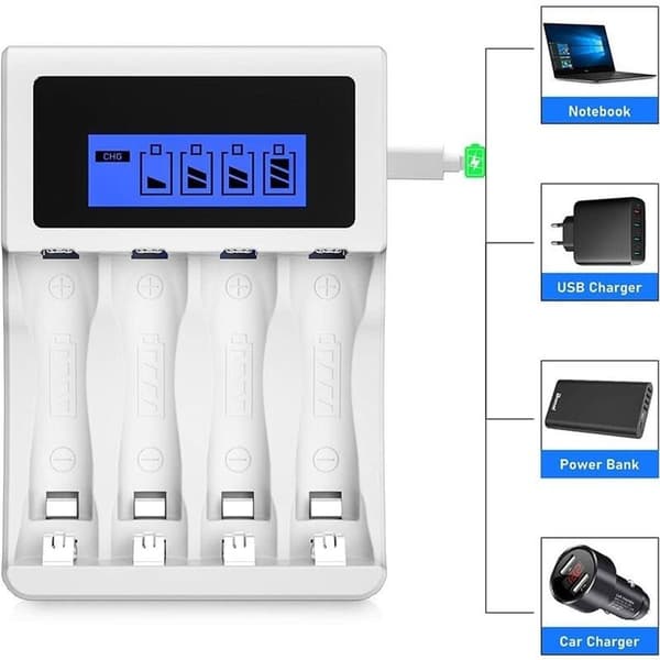 Snabbladdare för batterier, 4 platser, USB-port