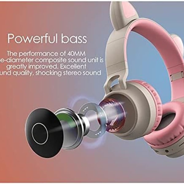 Bluetooth-hodetelefoner Cat Ears LED-lys Trådløs sammenleggbar rosa