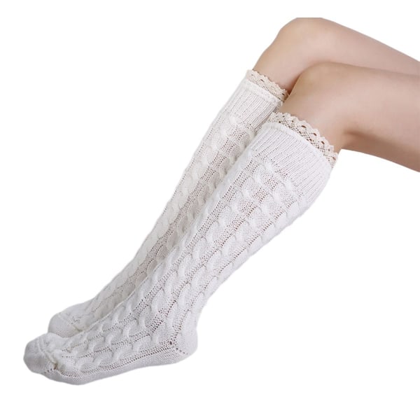 Lårhøye sokker for kvinner Kabelstrikk over kneet Støvletter Hvit KLB