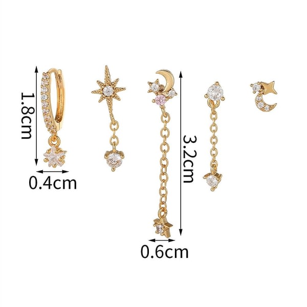 Kvinnors örhängen Flickor örhängen 2-pack rostfritt stål Cubic Zirconia Chain Ring Star and Moon Unik Pun