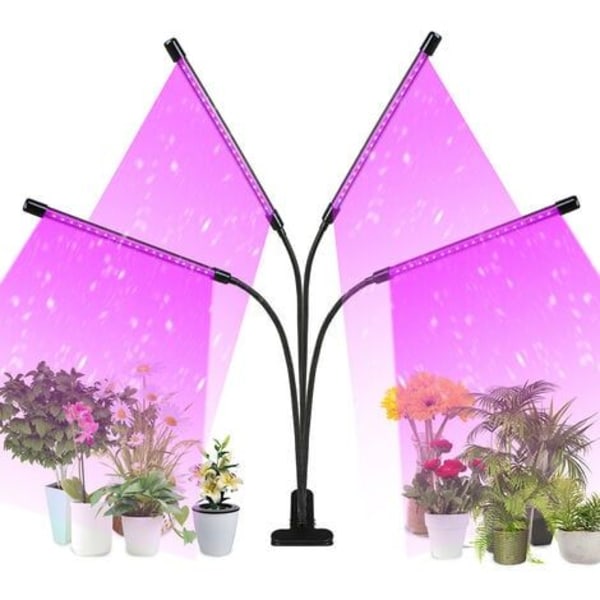 Grolampe 4 hoder 80 LED 3 lys for planter Grolampe med 360° justerbar klips 3/6/12H timer 9 lysstyrke