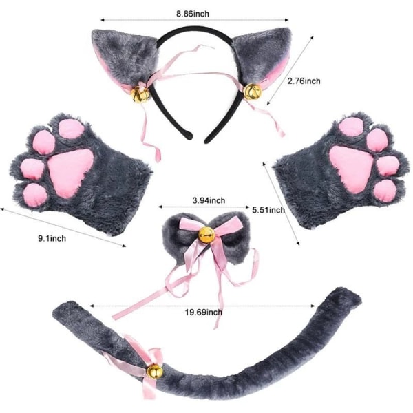 Katt Cosplay Set Grå, Kattöron Huvudband Kattunge Svans Öron Krage Tassar Handskar, Katt Cosplay Kostym Söt Kostym Fest Dekoration Set för Barn Kvinnor Flickor