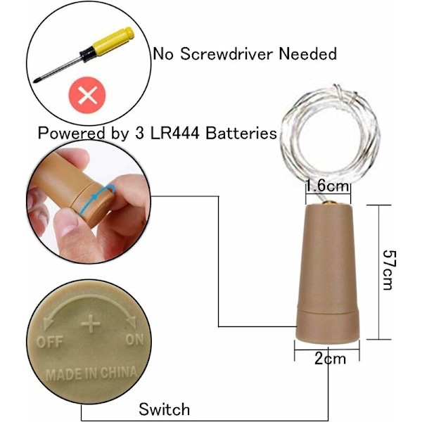 10-pakning 20 LED-lyssnor Koppertråd Vinflaske Lyssnor med Korkledning for Bryllup Julefest Dekor (Hvit) KLB