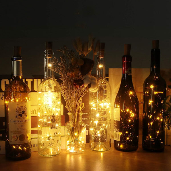 12 stycken) flaskljus batteri, 2m 20 LED glas korkljus koppartråd KLB