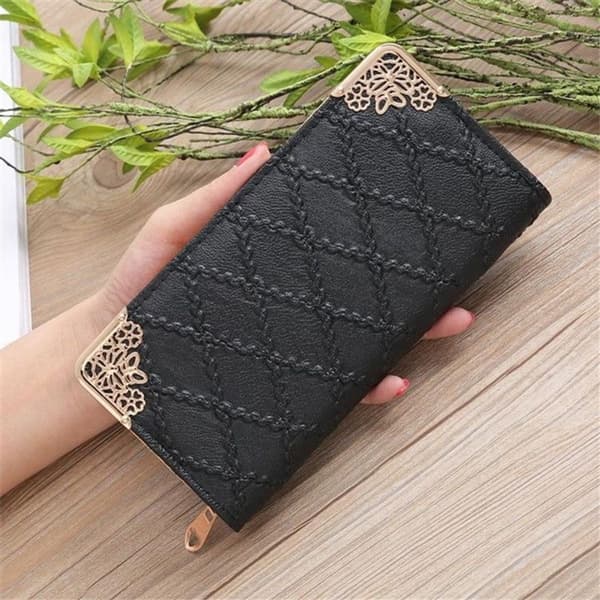 Dame Lang Pung Embossed Rhombus Retro Mønster Multi Card Clutch (Sort)