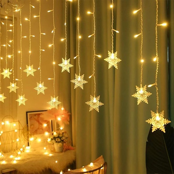 Ljusgirland, ljusridå, 3,5 m LED julbelysning Snowflake 8 ljuslägen, fönsterdekoration, jul, bröllop, födelsedag, hem, uteplats, varm vit