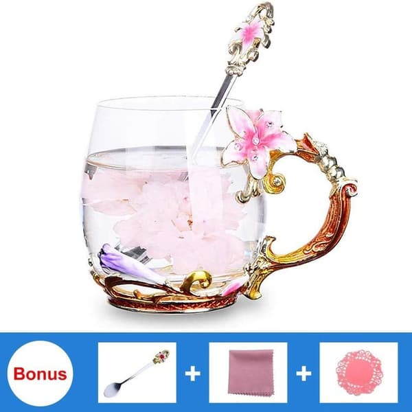 Emaljblommig glaskaffekopp, tekoppar med sked, bäst