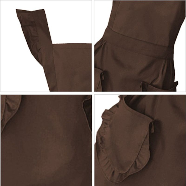 Justerbar retro volangförkläde med fickor, storlek S till plus size, brun