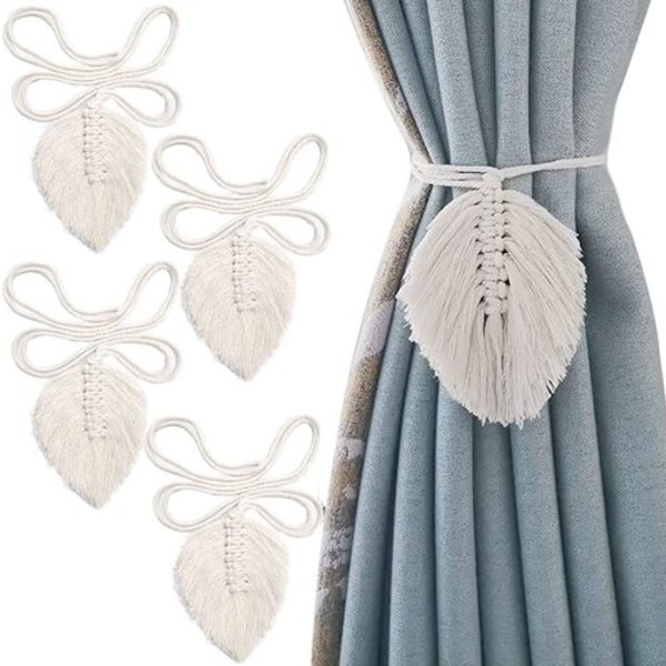 Pakke med 4 boho blad gardinholdere i bomuld macrame