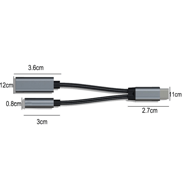 USB-C til 3,5 mm hodetelefon- og ladeadapter, 2 i 1 USB-C grå