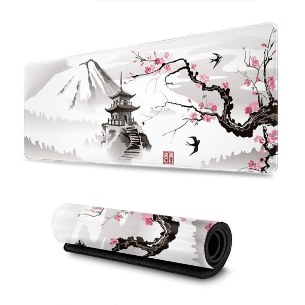 Japansk Pagoda och Cherry Blossom Branch överdimensionerad spelmusmatta