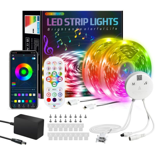 Bluetooth LED-strimmel, 20M LED-strimmel 360 LED'er 5050 RGB Vandtæt, Kontrolleret af Smartphone APP, Synkroniser med Musikrytme/Timerfunktion KLB