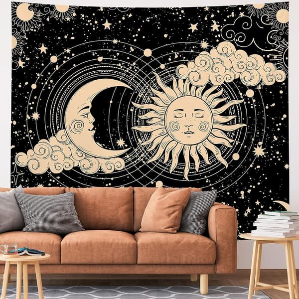 Sol og måne gobelin, smuk sol og måne gobelin sort mørk KLB