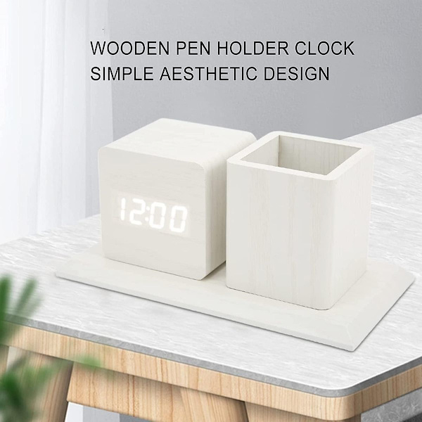 Kreativ LED-väckarklocka med träpennhållare: Elektronisk klocka i modern design