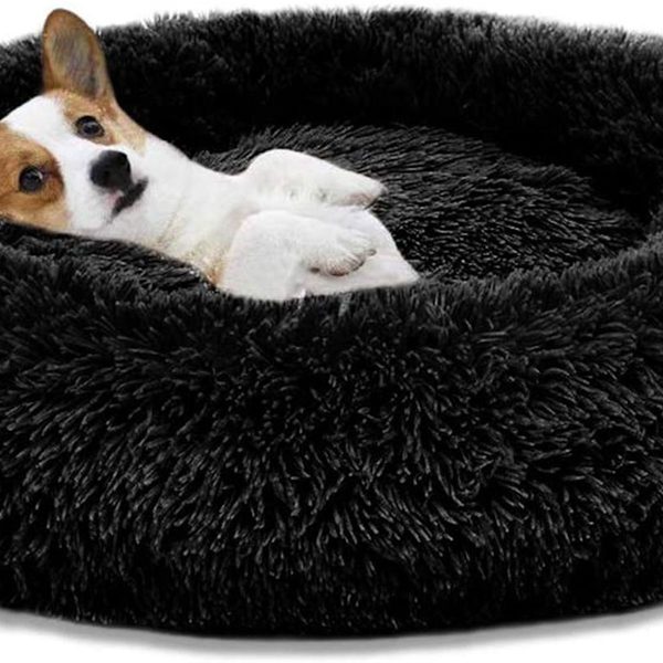 Rund plys hund seng sort KLB